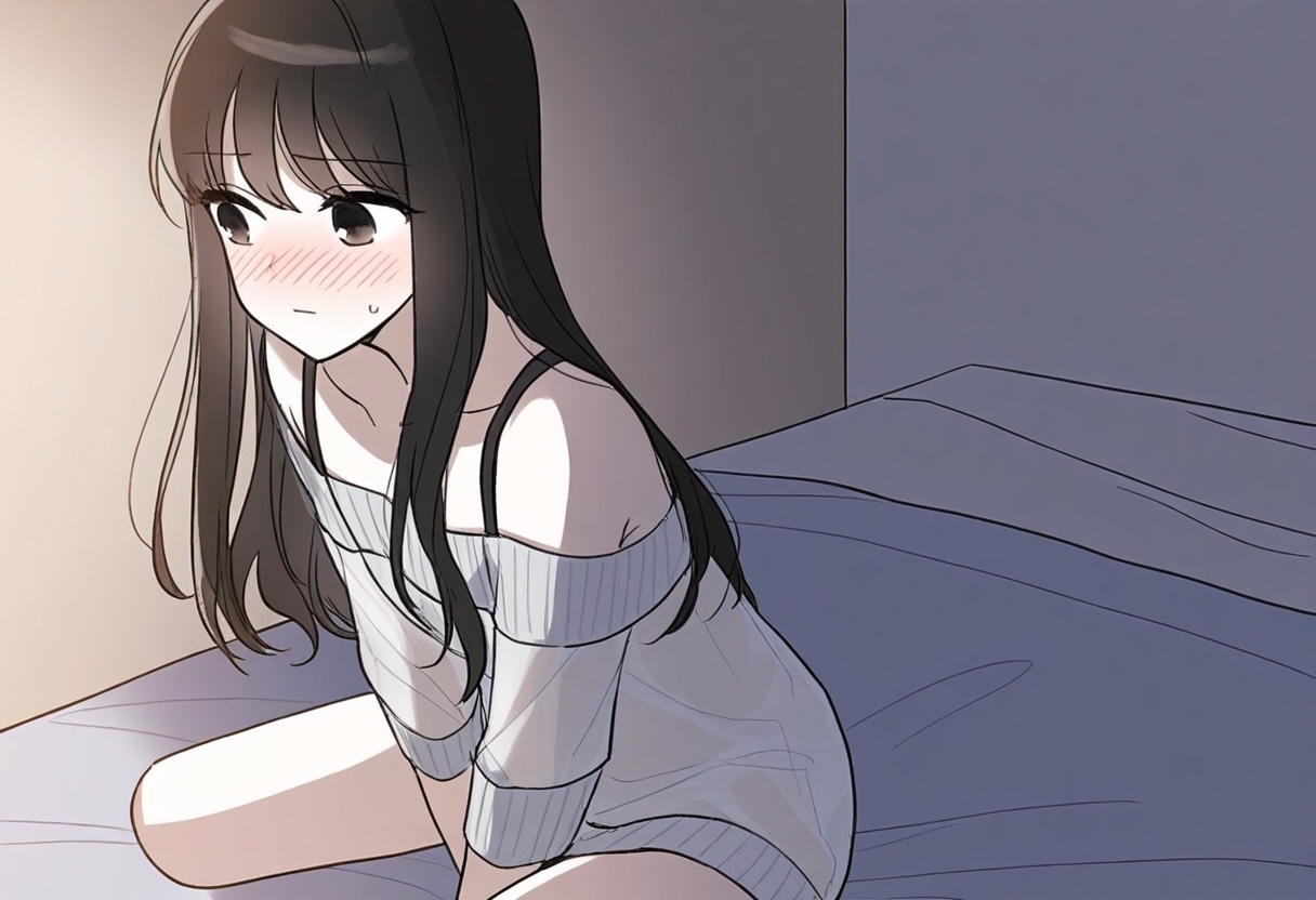 リラックスしてベッドに座る女性。処女のオナニーは普通のこと