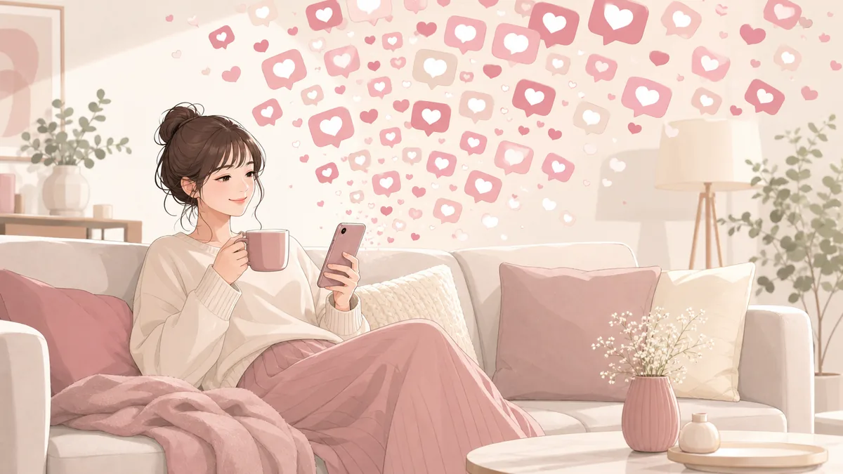 通知が溢れるスマホを余裕の表情で眺めながらお茶を飲む女性のイラスト