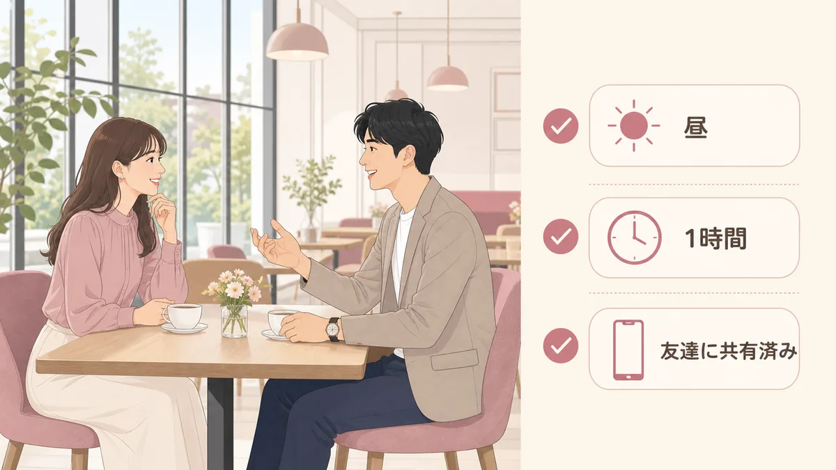 昼・1時間・友達に共有済みの3つのチェックで初めて会う日を過ごすイラスト