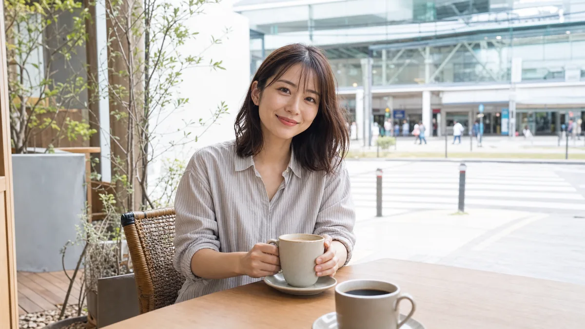 昼下がりの駅前カフェで向かいの席に微笑む女性