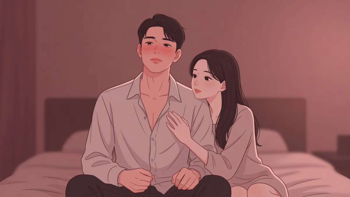 ベッドの端で余裕が崩れて頬を染める彼と、その胸に手を添えて見上げる彼女。喜ばれるフェラチオテクニック