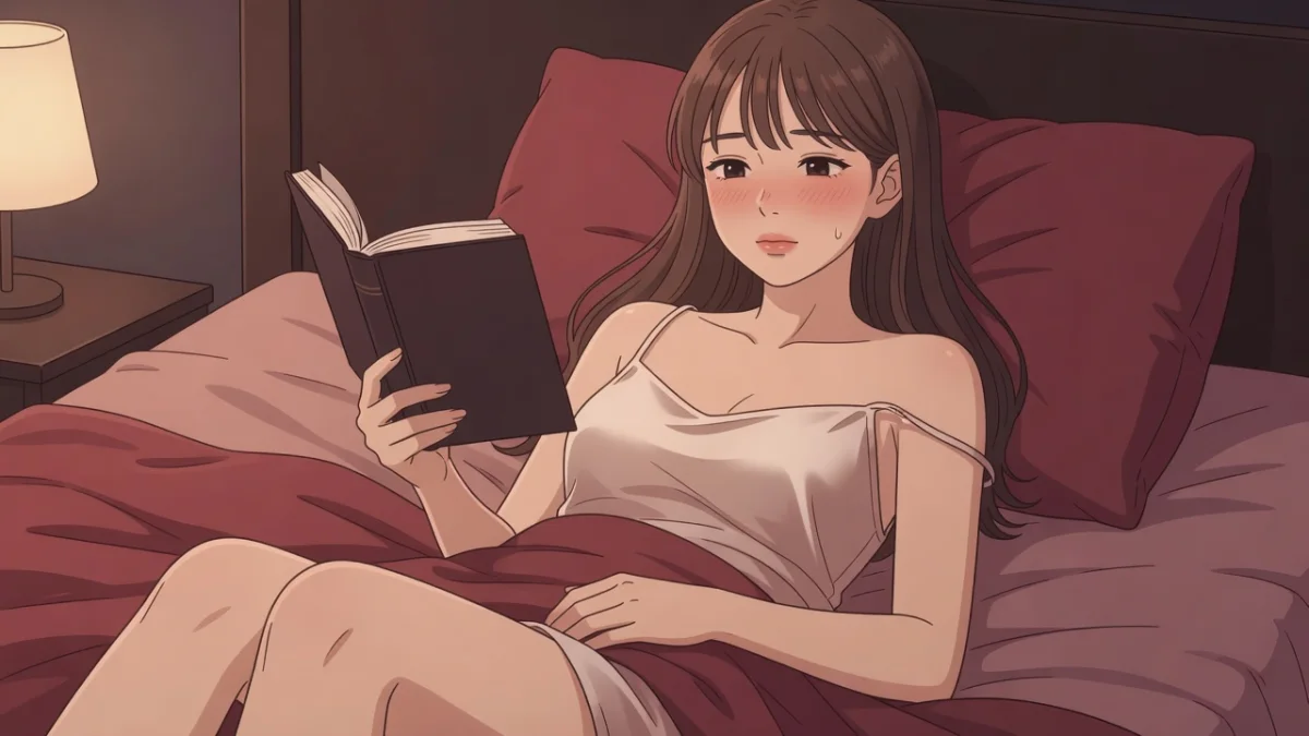 薄暗い寝室のベッドで頬を上気させ、官能小説に読みふける下着姿の女性。読むだけで濡れる短編、オナニーのお供に。