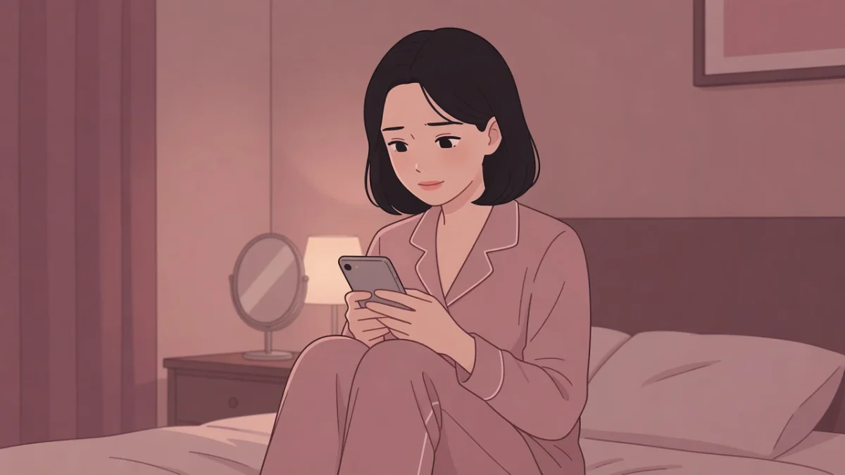 夜、ベッドで膝を抱えてスマホで調べものをする女性の憂いと安心の表情。小陰唇の大きさの悩みに寄り添う