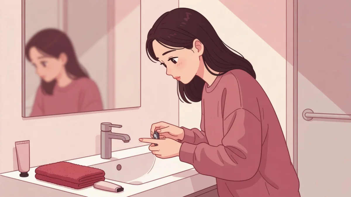 朝の洗面台の前で、爪を短く整えている女性の横顔。処女のオナニーで指が痛い・入らない原因と痛くない始め方