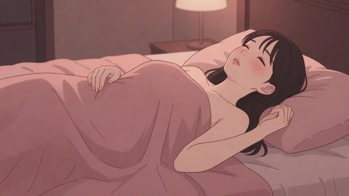 ブランケットに包まれ、背中を反らせて唇を薄く開き感じ入る女性。クリトリスオナニーで絶頂するコツ