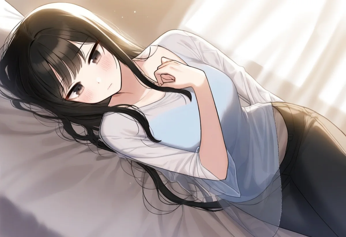 イク感覚が怖い女性のイメージ。ベッドで不安げにくつろぐ女性