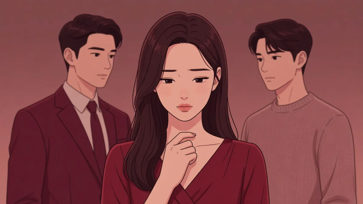 二人の男性に挟まれ、葛藤の表情で目を伏せるワインレッドのドレスの女性のイラスト。二人のオトコを同時に愛した女の恋愛実話。