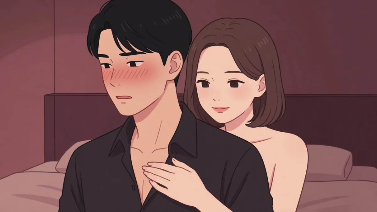 シャツの襟元を開けて頬を染める彼の背中から寄り添い、胸元に手を添える彼女。男性の乳首の責め方