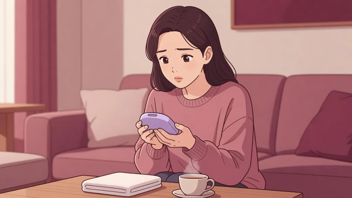 部屋のソファで、手のひらに乗せたグッズを真剣な表情で確かめる女性。ポルチオ開発オナニーのやり方とおすすめグッズ