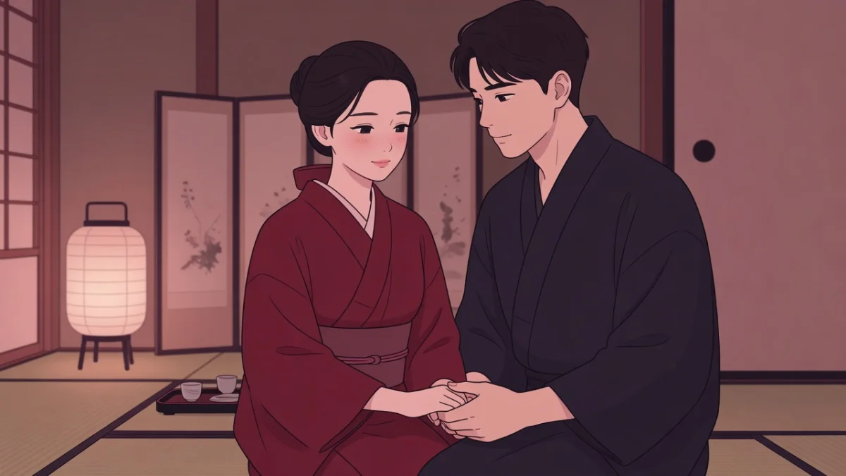 行灯の灯る和室で着物姿のまま向かい合い、そっと手を取り合う男女。恋のむつごと四十八手の完全一覧