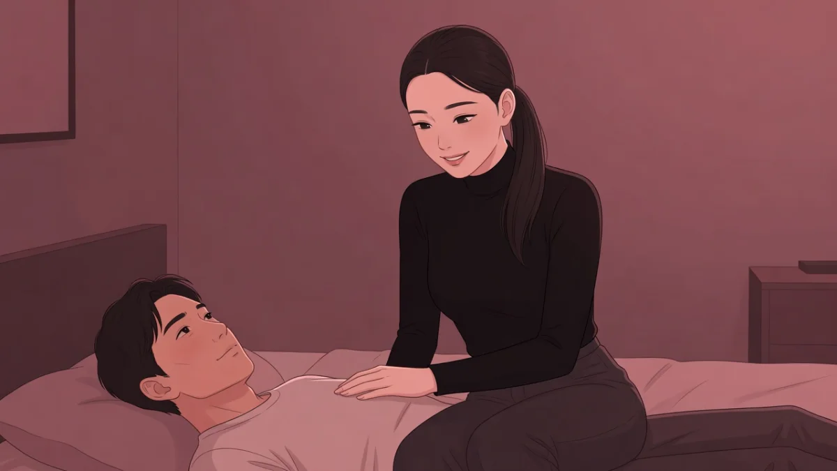 薄暗い寝室で仰向けの彼を見下ろし、胸に手を置いて微笑む黒いトップスの女性。顔面騎乗位が好きな男の心理