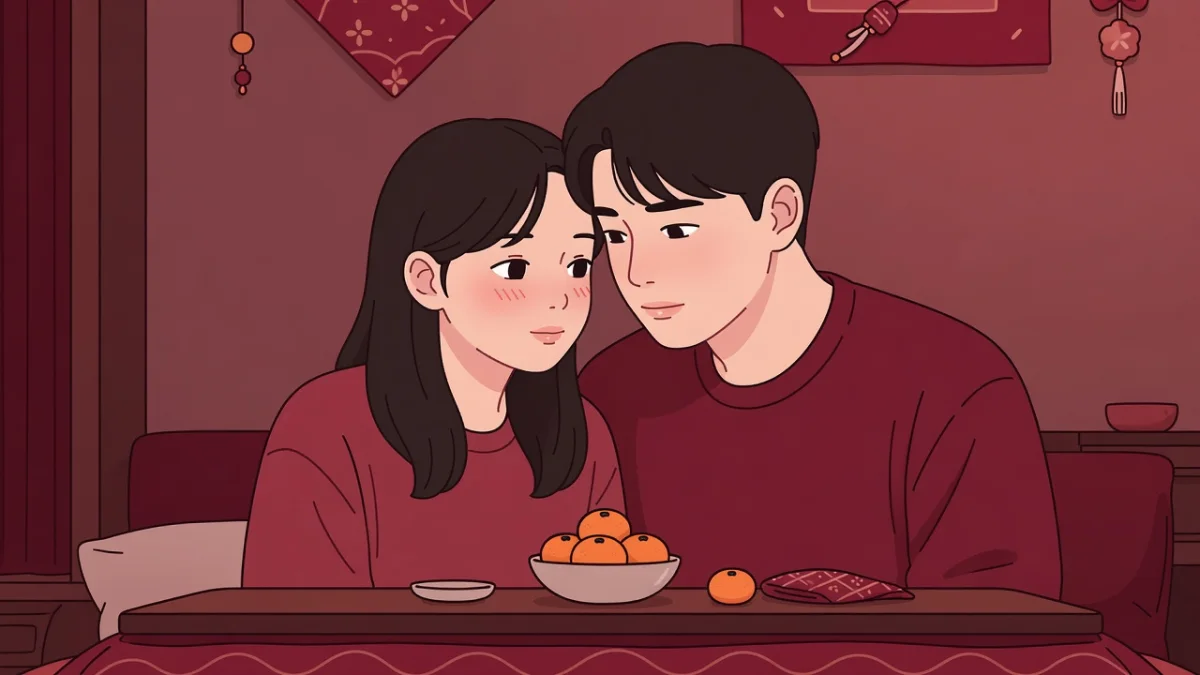 こたつのある部屋で正月飾りを背に、額を寄せ合い頬を染める二十代の恋人たちのイラスト。元旦の初々しい官能小説。