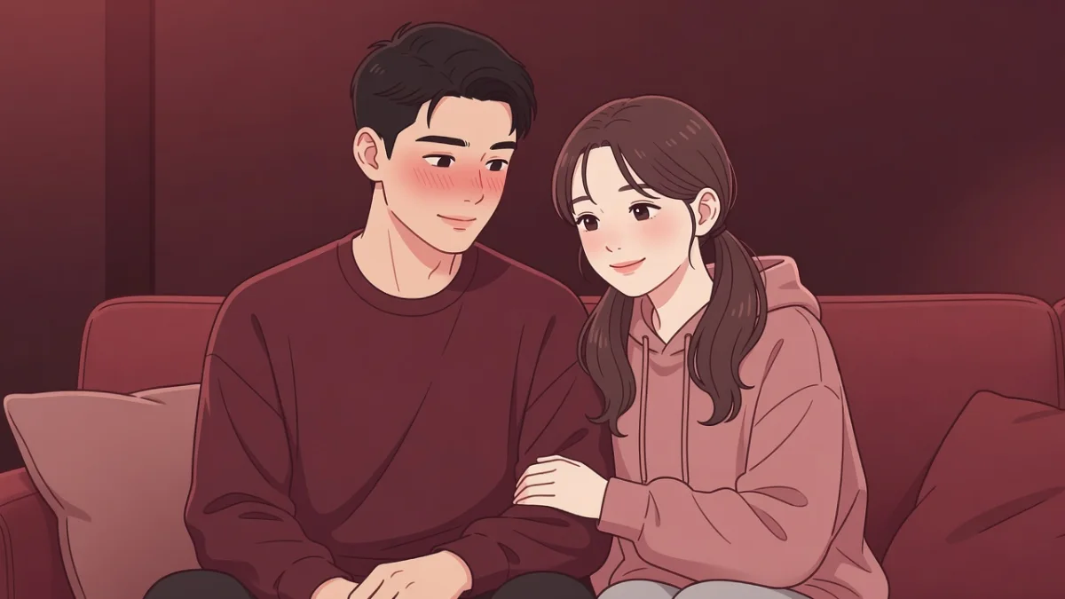 ソファで照れる彼氏を優しく微笑んで励ます、お下げ髪にパーカー姿の彼女のイラスト。童貞彼氏の純粋な事情を描く官能小説。