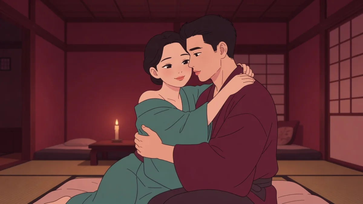 蝋燭の灯る座敷の布団で、緑の着物を肩から落として抱き合う男女のイラスト。御所車の情事を描く時代物の官能小説。