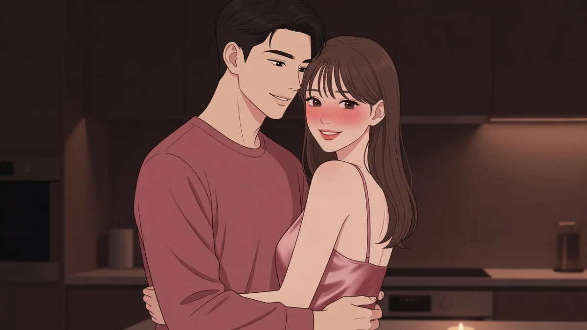 「キッチンでのピンクな秘め事」をイメージした、薄暗い寝室で上気して情を交わす男女のイラスト。女性向け官能小説。