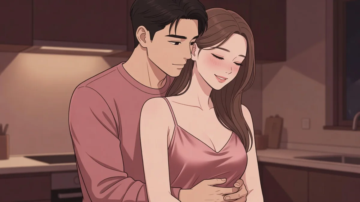 夜のキッチンで、背後から抱きしめる男性に身を預け、目を閉じて微笑む下着姿の女性。どちらも視線を絡ませた官能小説のイメージ。