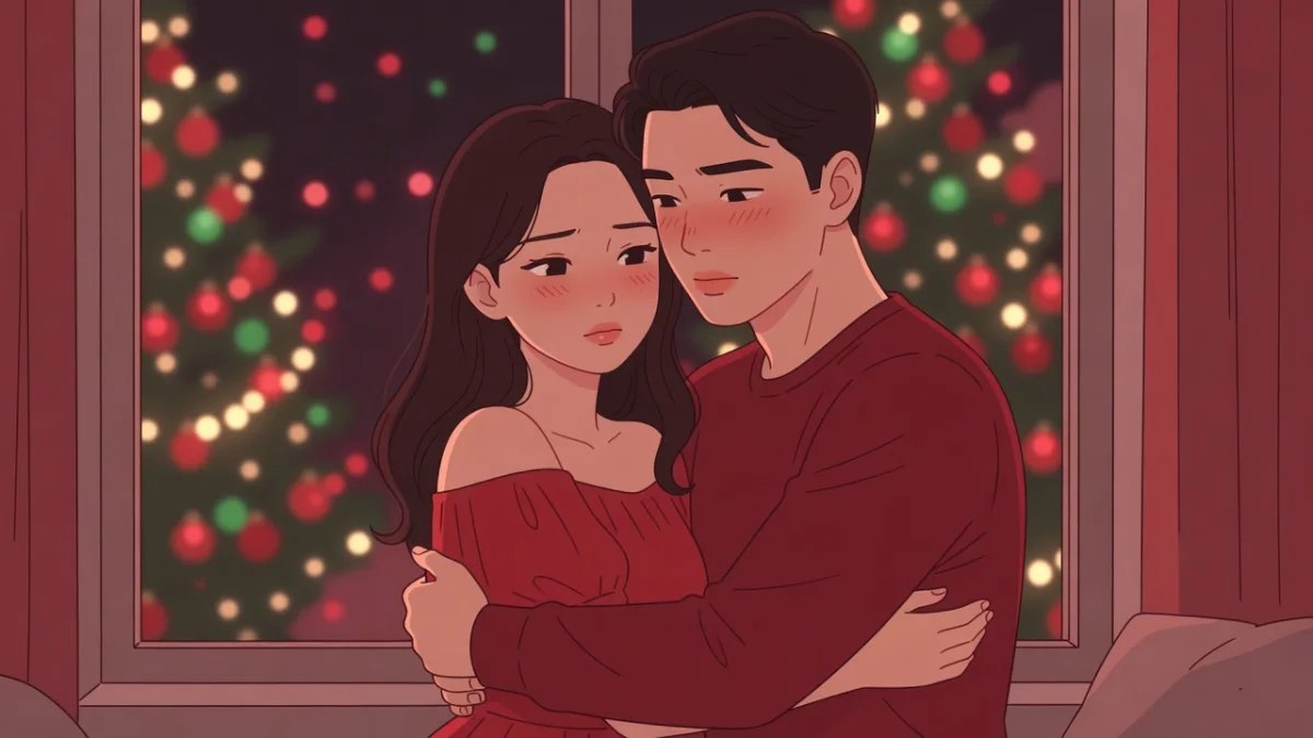 クリスマスの灯りを背に赤いドレスで抱き合う男女のイラスト。一夜限りの聖夜を描く官能小説。