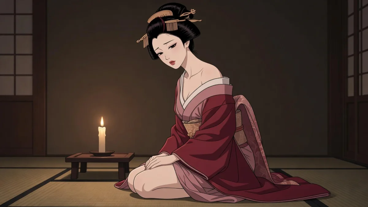 蝋燭の灯る座敷で、赤い着物を肩から落とし物思いにふける遊女のイラスト。吉原遊女の秘めたる色情、女性向け官能小説。