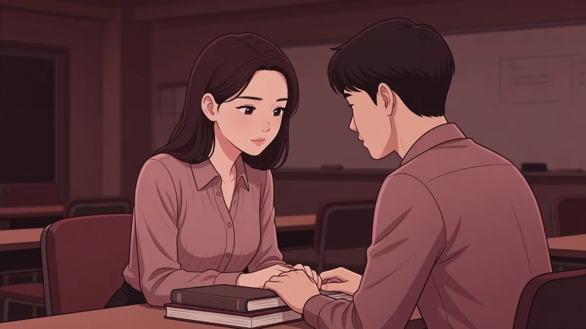 夜の研究室で本越しに顔を寄せ合う、成人の女性教員と男子学生のイラスト。教え子との秘めた時間を描く官能小説。