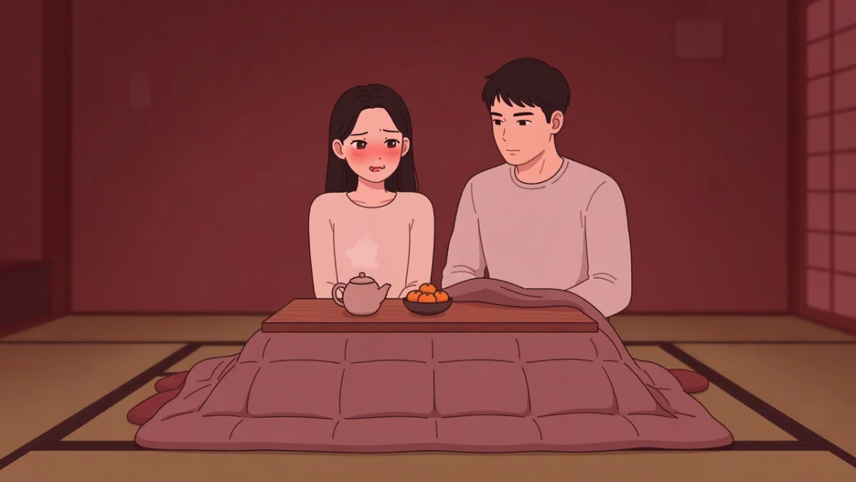 掘りごたつで、布団の下の手に気づき頬を染める女性と悪戯めいた男性のイラスト。こたつの中の秘め事を描く官能小説。