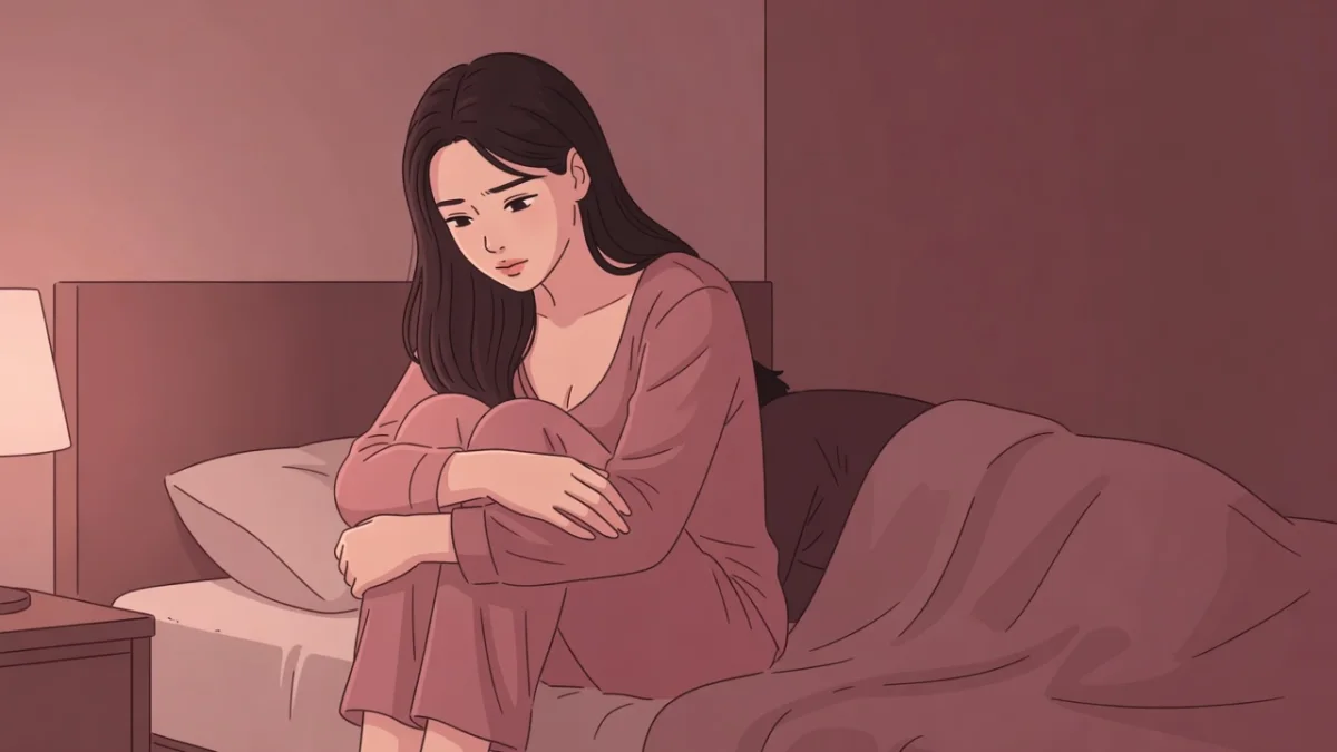 夜の寝室で、隣で眠るパートナーに背を向けてひとり膝を抱える女性。知恵袋から見る不感症の悩みと解決法