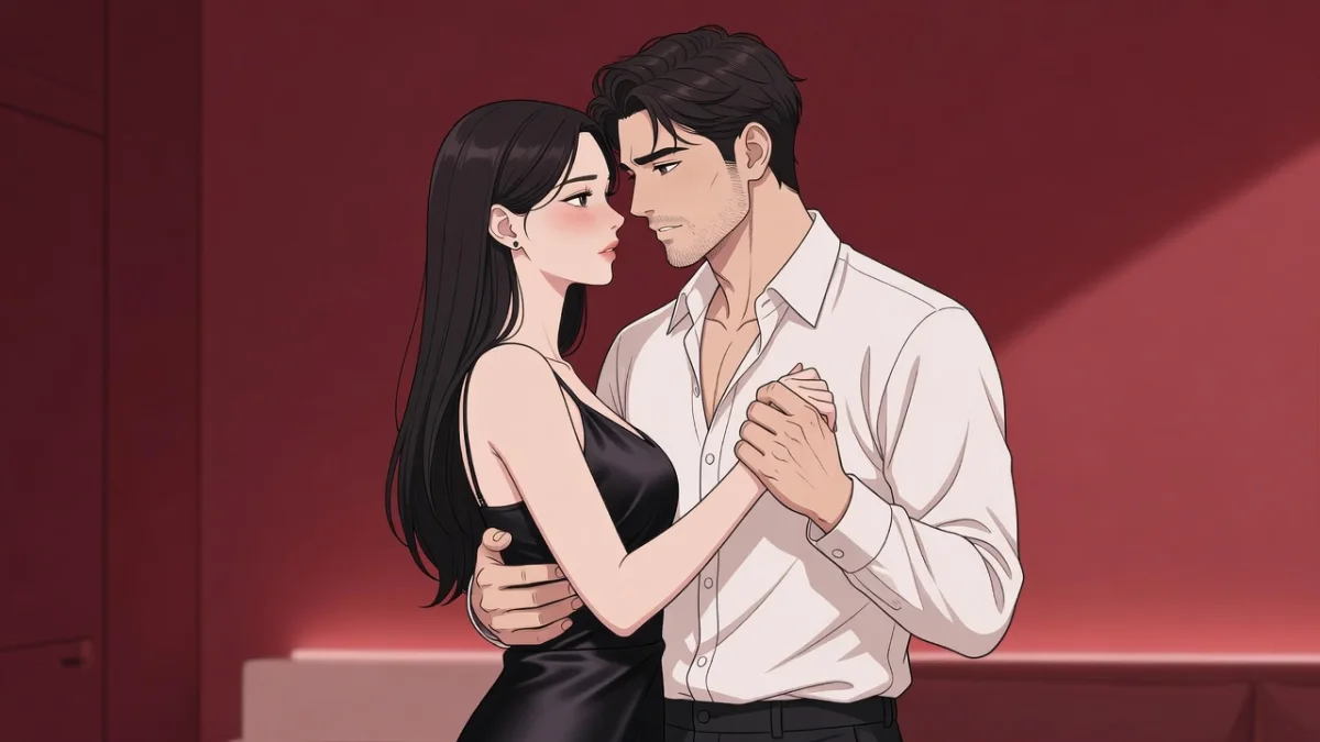 薄暗い部屋で、無精髭の男に強く抱き寄せられ顔を背ける黒スリップの女性のイラスト。ジェラシーで昂る官能小説。