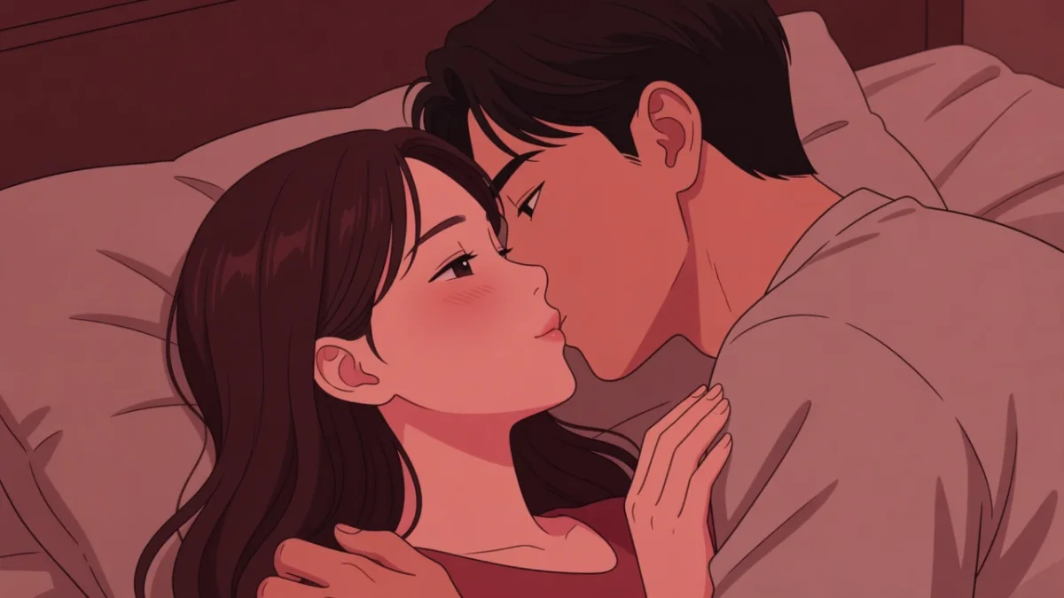 ベッドで髪をおろし、情熱的な口づけに溺れる男女のイラスト。刹那の悦びを描く官能小説。