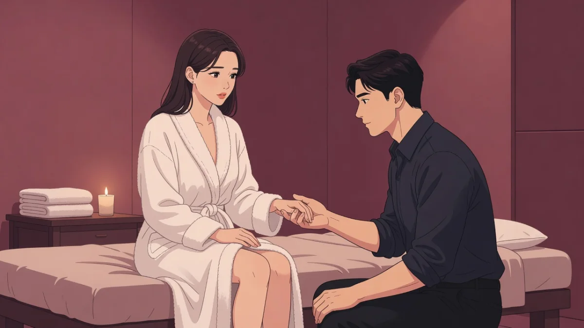薄暗い施術室で、ベッドに腰かけた女性に男性セラピストがそっと手を差し出す。女風（女性用風俗）とは？料金・流れ・選び方