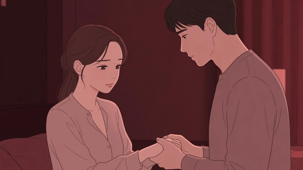 薄暗い部屋で男性に手を取られ、迷いと決意の入り混じった表情で見つめ返す女性のイラスト。一線を越える瞬間を描く官能小説。