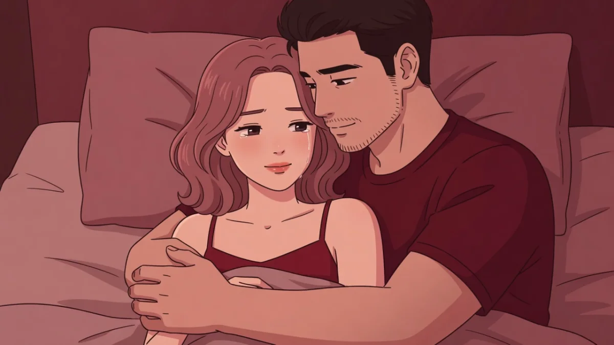 泣く女性を胸に抱きしめ、優しく慰める男性のイラスト。慰めを求める切ない官能小説。