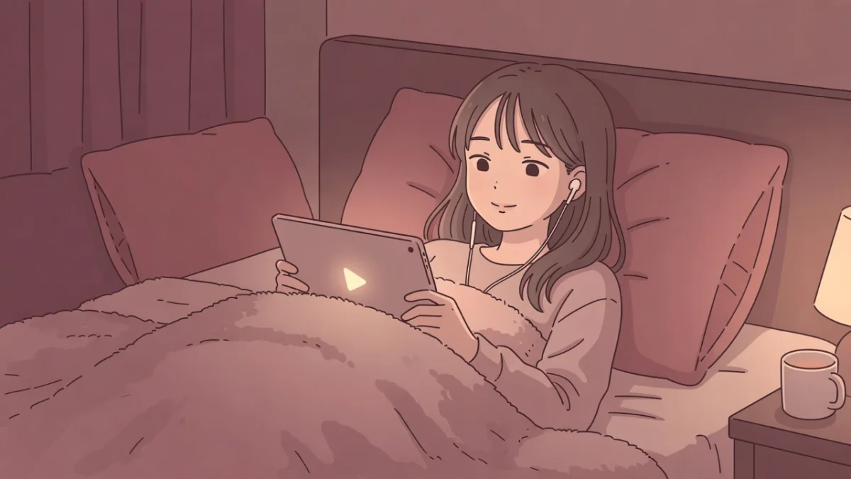 夜のベッドで毛布にくるまりタブレットで動画を安心して視聴する女性。FANZAアダルト動画を安全に見る方法