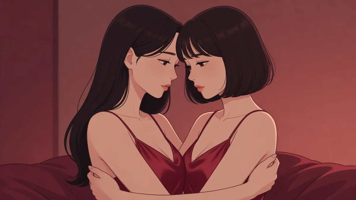 額を寄せ合い、許されぬ恋に切なく寄り添う下着姿の二人の女性のイラスト。もしも許されるならと願う百合官能小説。