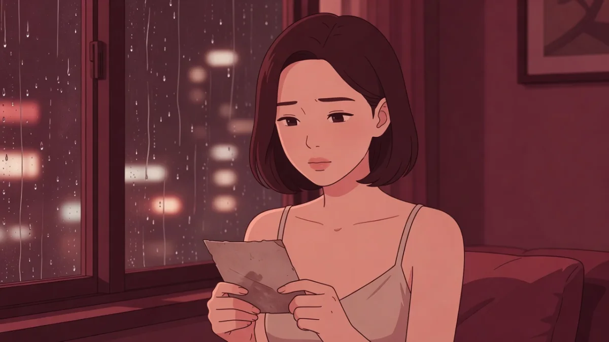 雨の夜の窓辺で古い写真を胸に抱き、切なげに佇むボブヘアの女性のイラスト。面影を追う官能小説。
