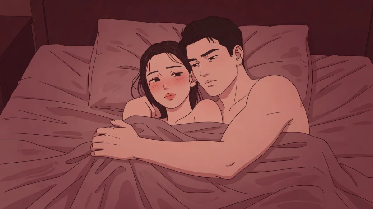 汗ばんだシーツで絡み合い、荒い息のまま抱き寄せられる女性のイラスト。情事のあとの余韻を描く官能小説。