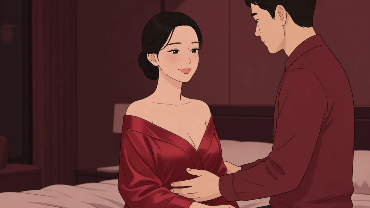 薄暗いホテルで深紅のローブを肩から落とし、男性セラピストの手に腰を委ねて陶酔する、髪を結い上げた人妻のイラスト。女性用風俗に堕ちる官能小説。