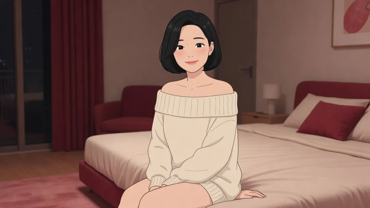 夜の寝室で、ゆるいニットをまとい頬を染めて微笑むショートボブの女性のイラスト。アラサーのセカンドバージン、女性向け官能小説。