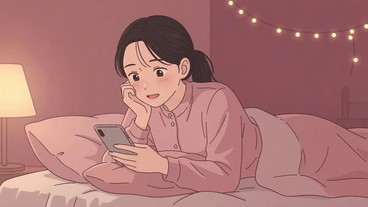 夜のベッドでスマホの記事を読みながら頬を染めてドキドキする女性。女性のオナニーのやり方を学ぶ