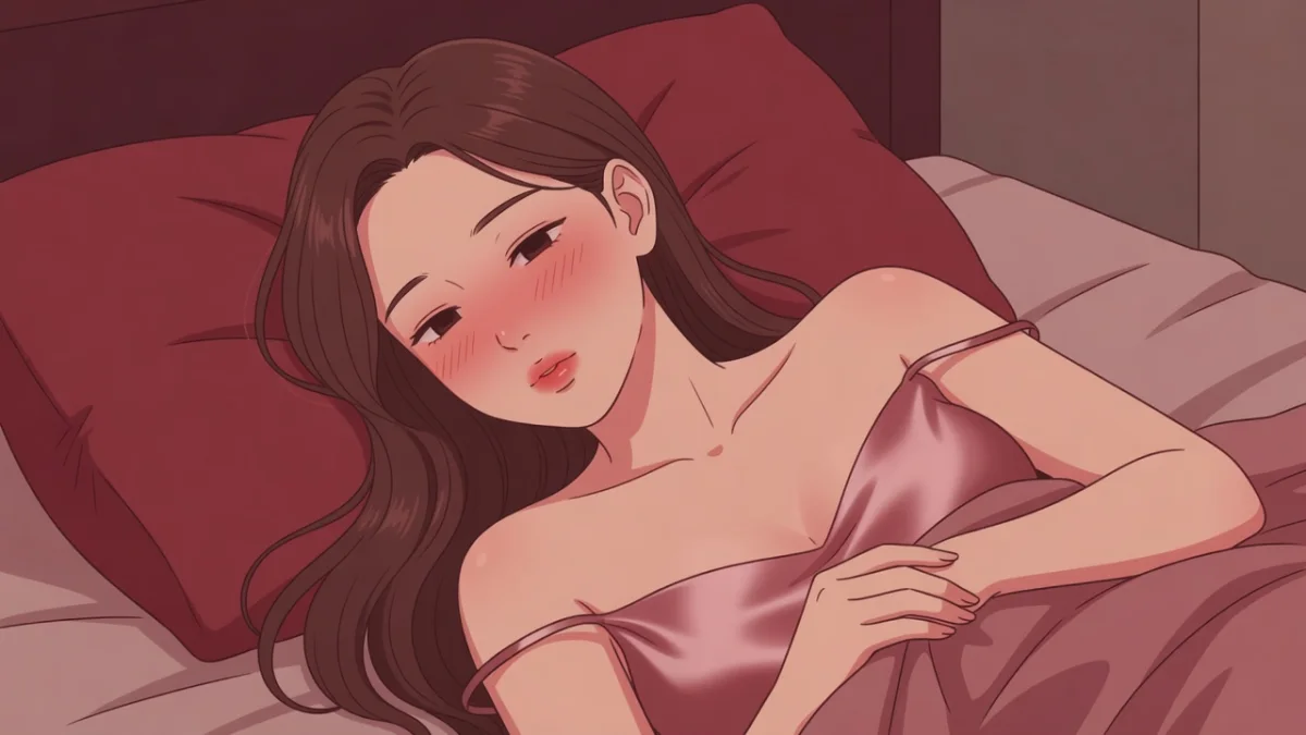 夜のベッドで頬を染め、新しい快感を一人で確かめる女性のイラスト。中イキを覚える官能小説。
