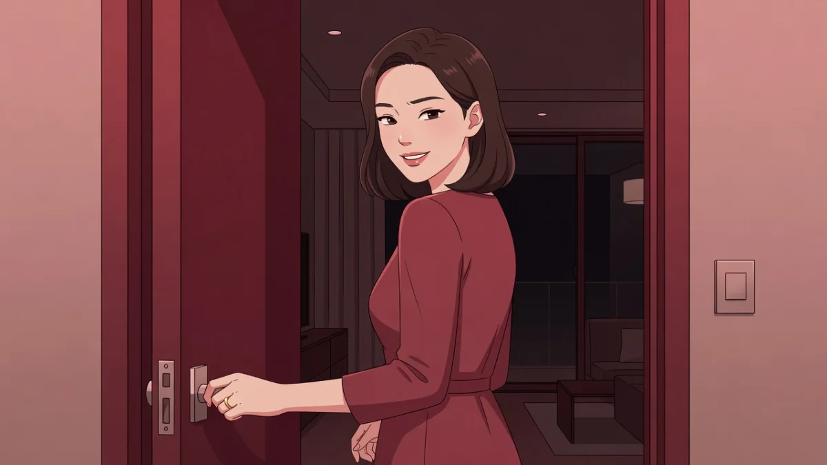 夜の玄関で指輪をした手をドアノブにかけ、暗い部屋を振り返って不敵に微笑む人妻のイラスト。今から浮気してきますの官能小説。
