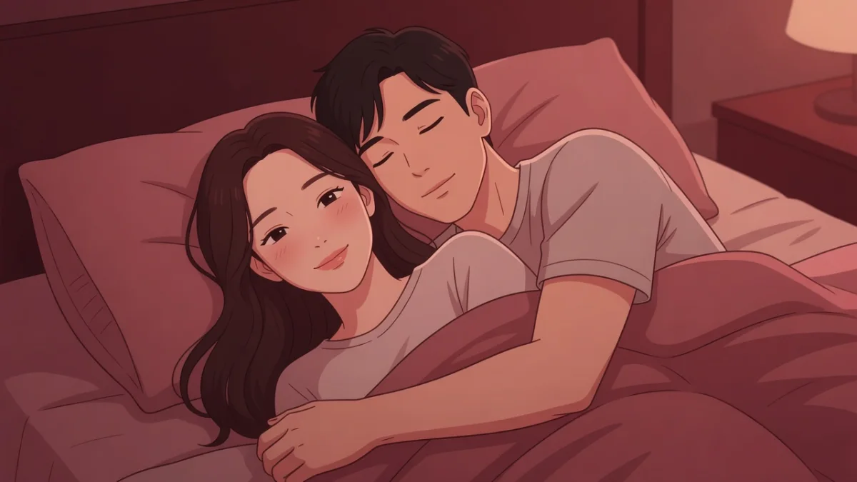夜のベッドで背後から抱きしめられ、満ち足りた微笑みを浮かべる女性のイラスト。お泊りの夜の連続絶頂を描くLCラブコスメ官能小説。