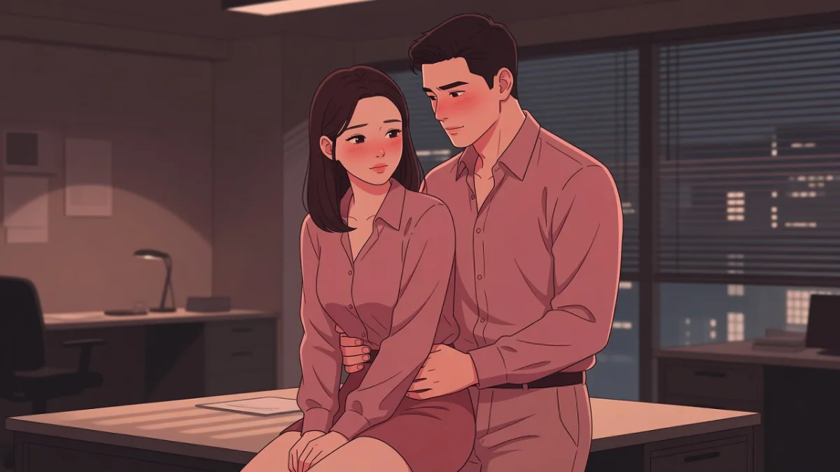 夜のオフィスでデスクに腰かけ、ブラウスを緩めた女性に男性が寄り添うイラスト。仕事終わりの職場エッチを描くLCラブコスメ官能小説。