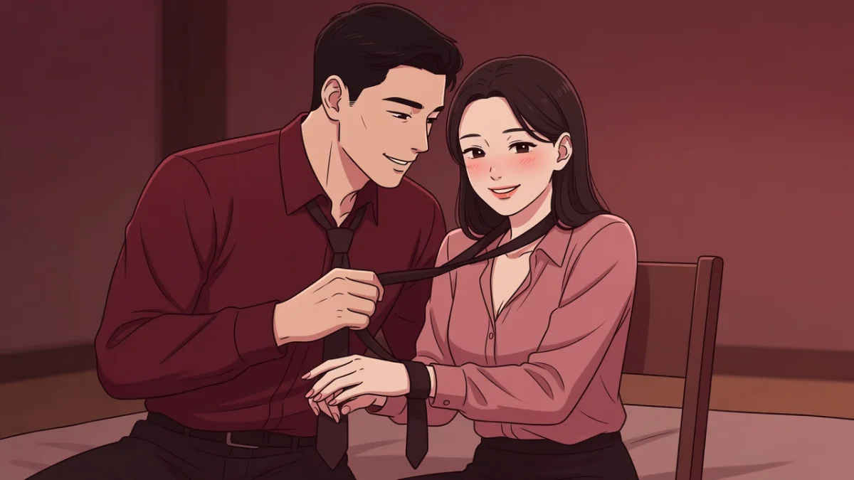 薄暗い部屋で男性のネクタイに手首を委ね、頬を染めて微笑む女性のイラスト。甘い取り調べのLCラブコスメ官能小説。