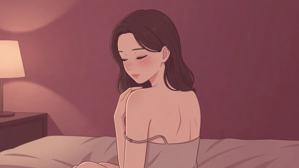 薄暗い寝室でベッドに座り、キャミソールの肩紐を落として伏し目でうつむく女性の後ろ姿。乳首だけでイク乳首イキの開発法