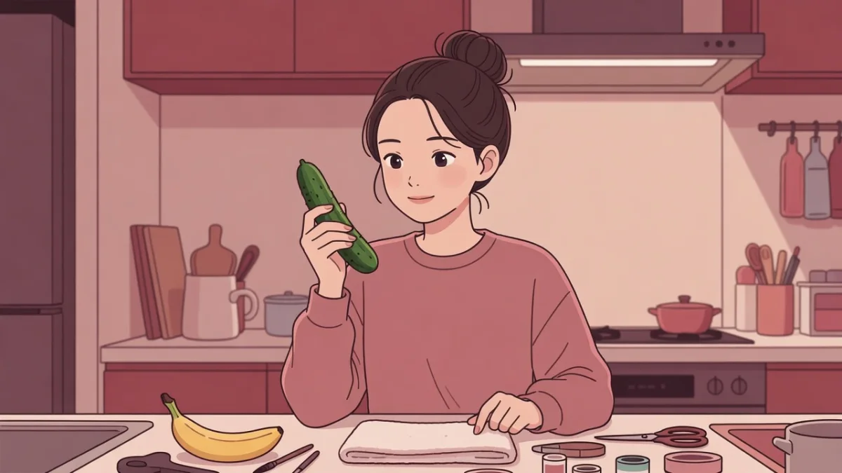 夜のキッチンできゅうりを手に取り思案する女性。自作ディルドとディルド代用品づくりの工作気分