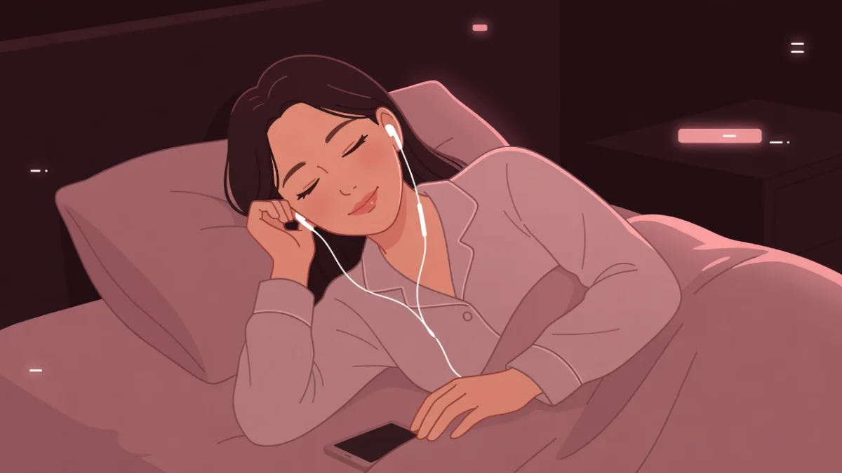暗い寝室でイヤホンをそっと押さえ、相手の声に耳を傾ける女性。オンラインの大人の遊び｜テレフォンH・ビデオ通話
