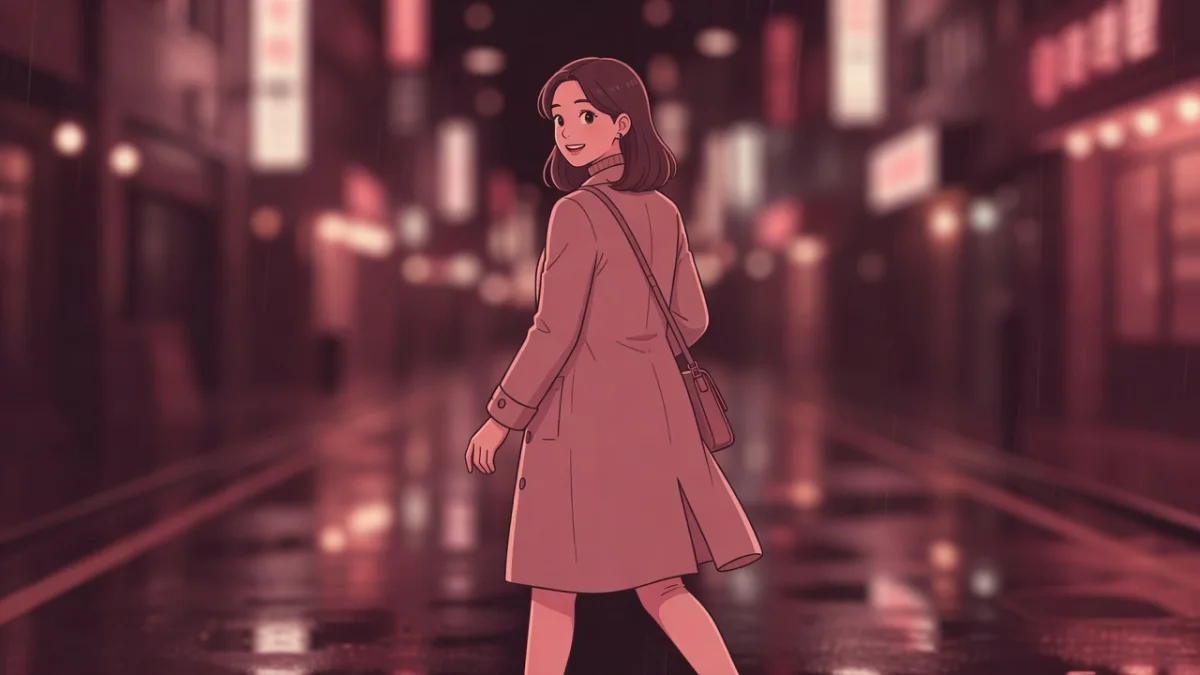 雨上がりの夜の街を歩きながら、ネオンの灯りのほうを振り返る女性。大人のあそび場ガイド｜女風・ハプバー・ラブホ