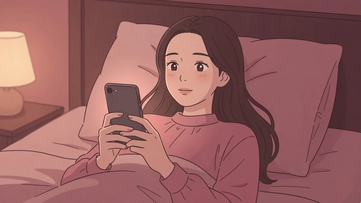 夜のベッドでスマートフォンを手に、他の女性の体験談を読んで「私だけじゃなかった」と安心した表情を浮かべる女性。女性のオナニー体験談まとめ