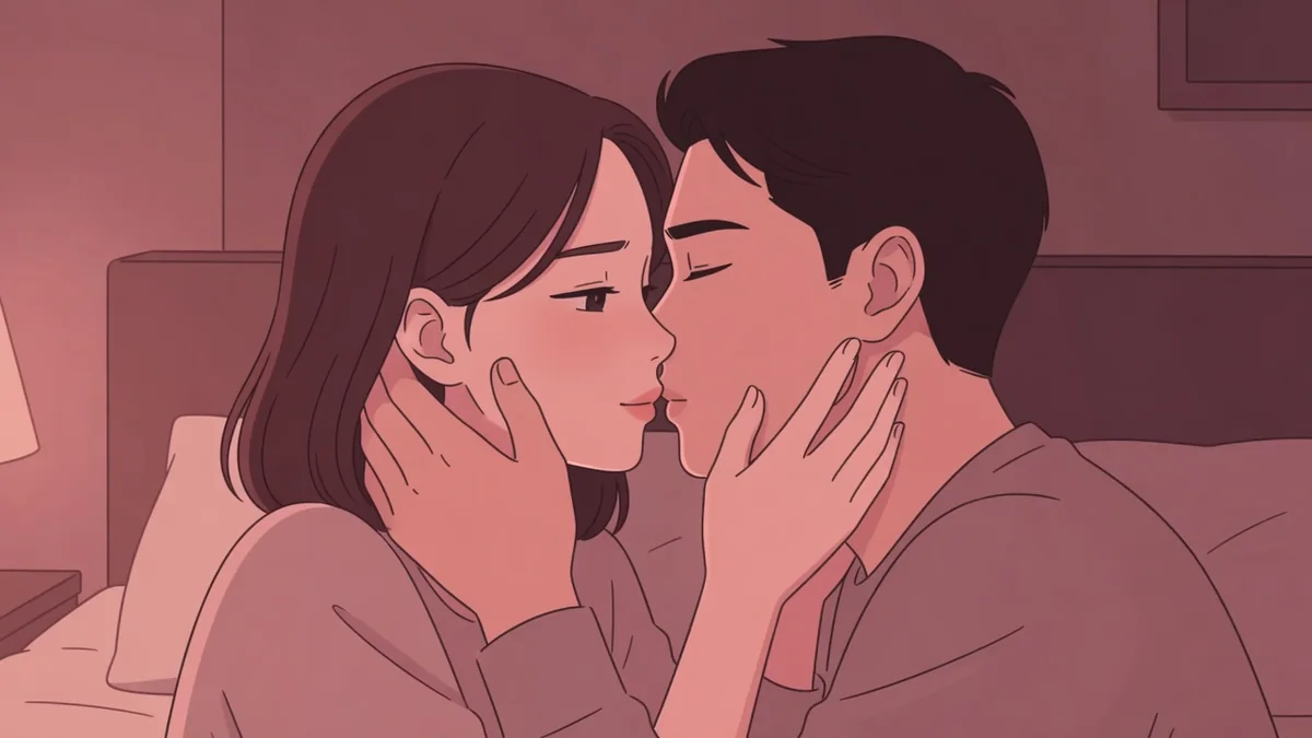 夜のベッドで男性の頬を両手で包み、口づけの手前まで近づく女性。受け身のセックス