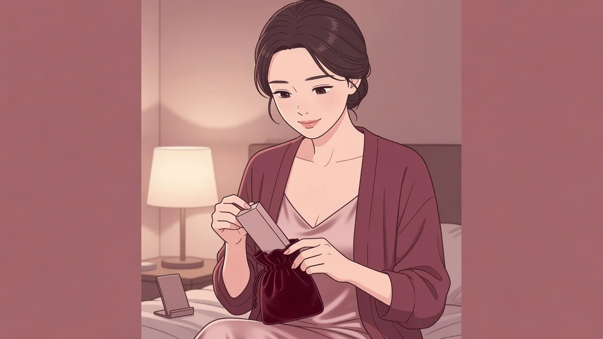 夜のベッドサイドでベルベットの巾着から小箱を取り出す女性。ポルチオ開発バイブの選び方