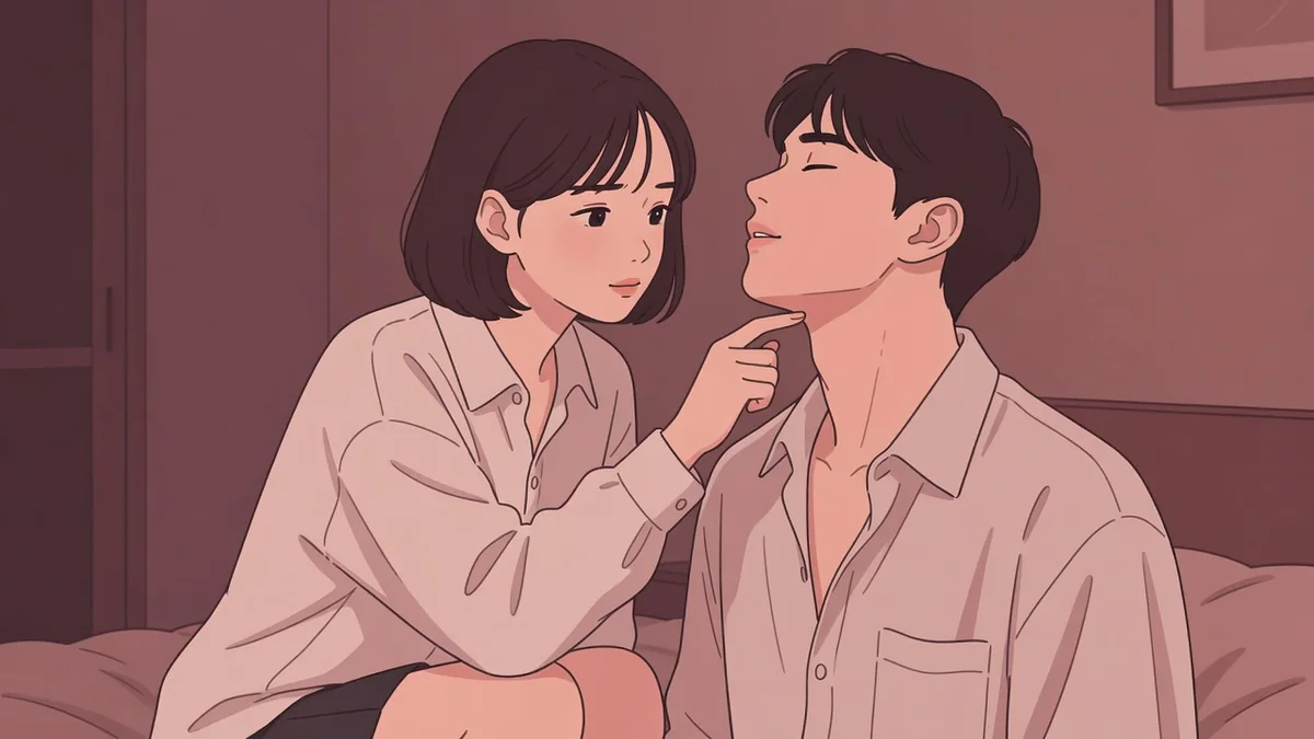 夜のベッドで男性の首筋に指先で触れる女性と、目を閉じる男性。男の性感帯